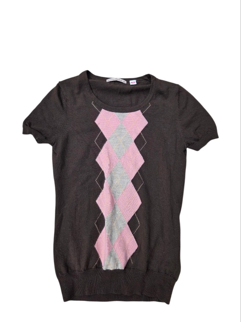 Uniqlo Merino Wool Argyle Short Sleeve Sweater Brown/Pink XS